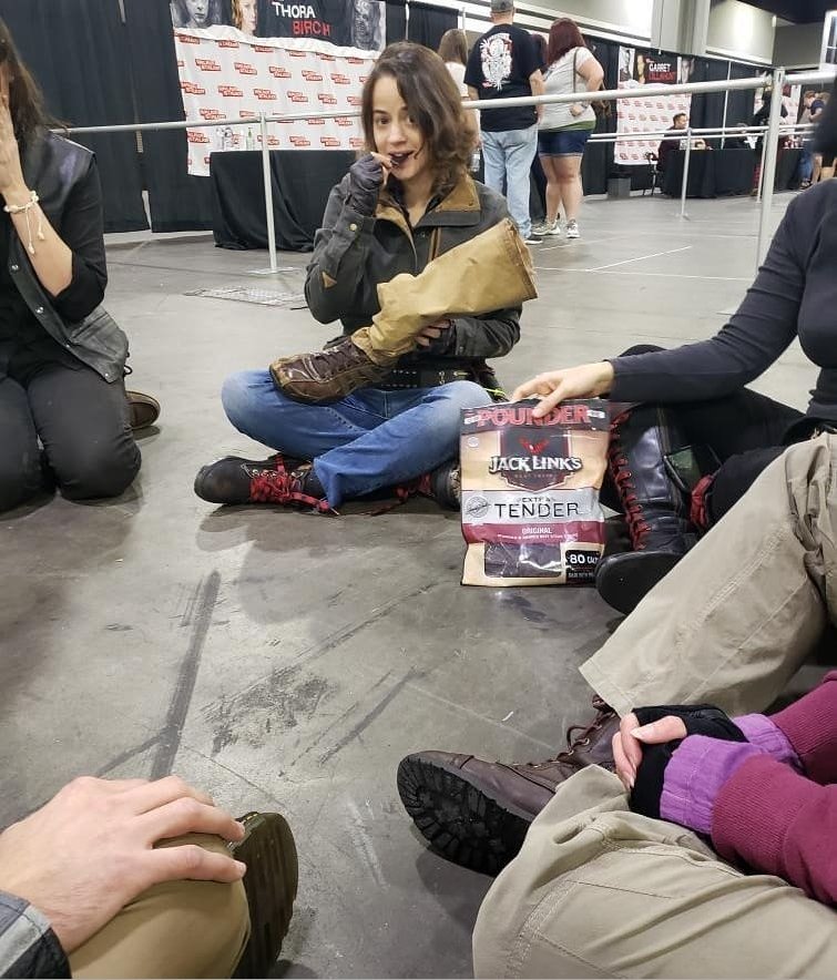 jessicatNY's tweet photo. It has come to my attention that today is #taintedmeatday i.e. the anniversary of 4 walls and a roof - so here's a throwback to that time my crew and i ate jerky out of bob's leg.#twd #thecosplayingdead https://t.co/EUodzLtjxm