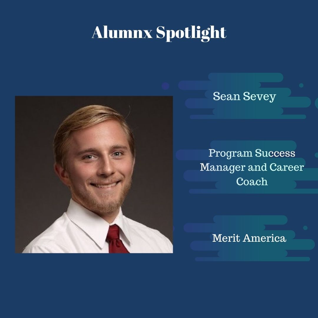 UMaineHigherEd's tweet photo. Alumnx Sean Sevey serves as Program Success Manager and Career Coach at Merit America.  Sean recently completed the launch of a new educational pathway, Tech Sales, with Merit America, providing access to stable, well-paying jobs for unemployed or underemployed adults. https://t.co/Th3A2GczDD