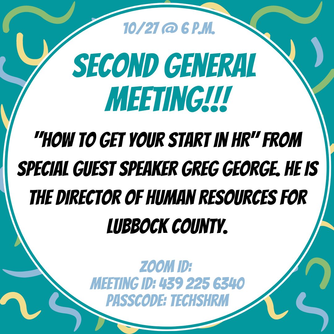 You’re not gonna want to miss this meeting! Special guest speaker Greg George will be joining TTU SHRM this Wednesday at 6 p.m. via Zoom. He has over 25 years of experience in the public and private sectors of HR! So mark your calendars, and we’ll see you Wednesday!