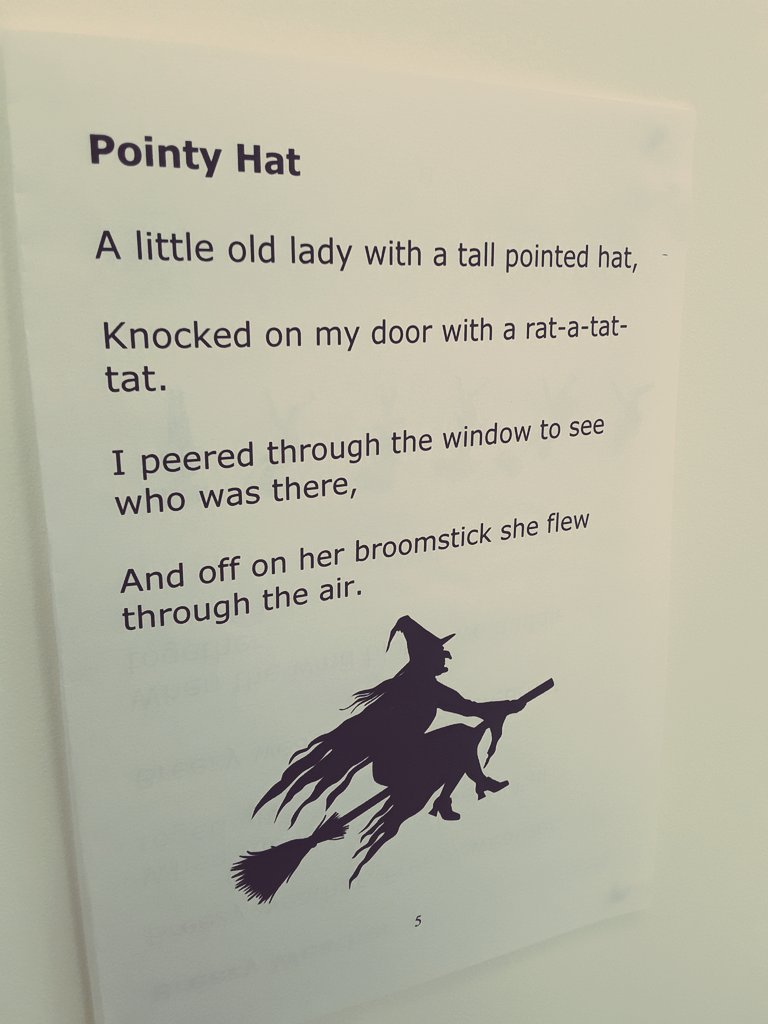 AshbridgeMaxy's tweet photo. They change the words "off on her broom" to " woosh on her broomstick", they inspired some more children to join in and sing along. #happme #LiteracyMatters #earlylearning #poetrybasket #poetrytwitter https://t.co/KbsnpUeq9i