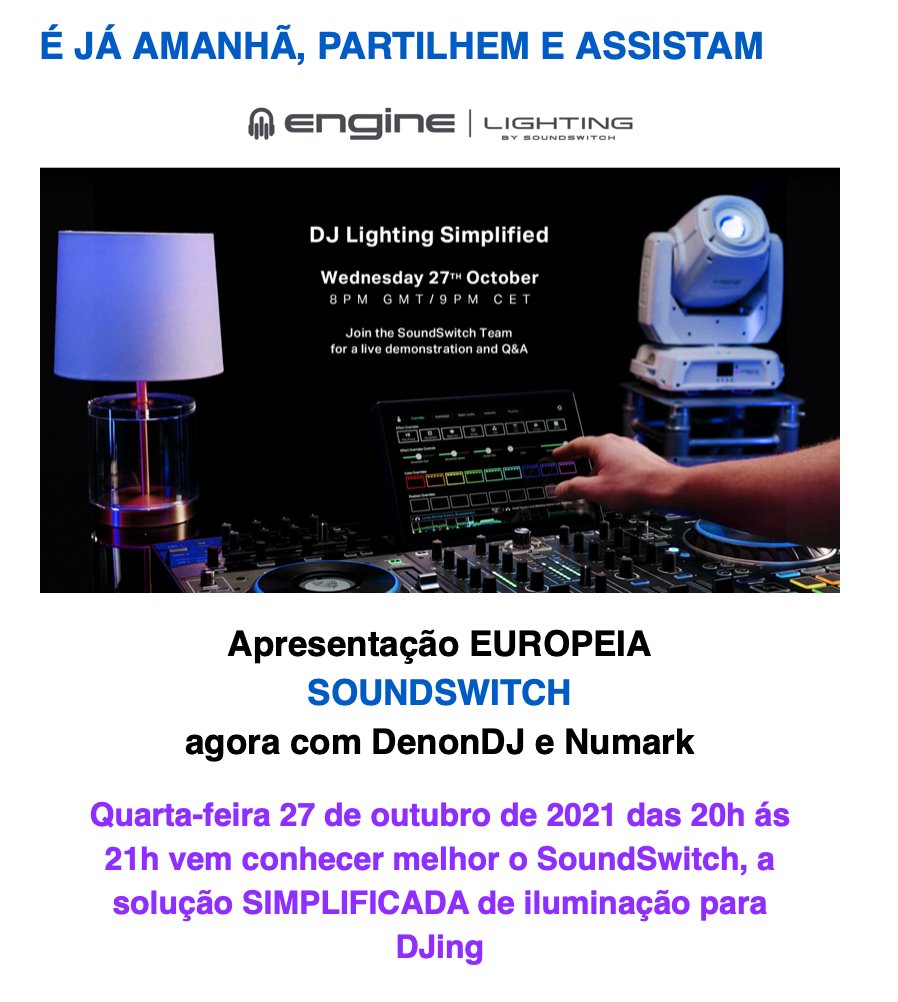 ZentralMedia_PT's tweet image. #Webinar EUROPEU #SOUNDSWITCH, agora que o Soundswitch chegou á #Numark para além da #DenonDJ. É já amanhã, Quarta-feira 27 de outubro ás 20h, vem conhecer melhor o SoundSwitch, a solução SIMPLIFICADA de iluminação para DJing. buff.ly/3pFaCYz
