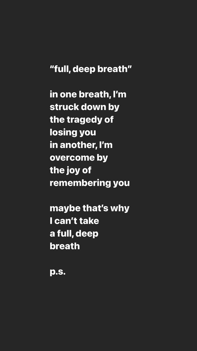pswgear's tweet photo. “full, deep breath”
in one breath, I’m
struck down by
the tragedy of
losing you
in another, I’m
overcome by
the joy of
remembering you
maybe that’s why
I can’t take
a full, deep
breath
p.s.
#ps188
#life #death #memory
#poetry #poem #saveTheWorldWithPowerfulEmpathy #baltimore https://t.co/DMe292uj9j