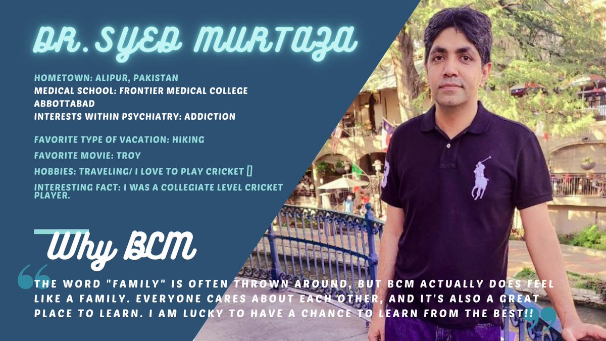 BCMPsychRes's tweet image. Still rolling with #InternIntros --  this week we're excited to highlight our near-professional 🏏 cricket player, Dr. Syed Murtaza!

#BCM #PsychiatryResidency #medtwitter #psychtwitter
