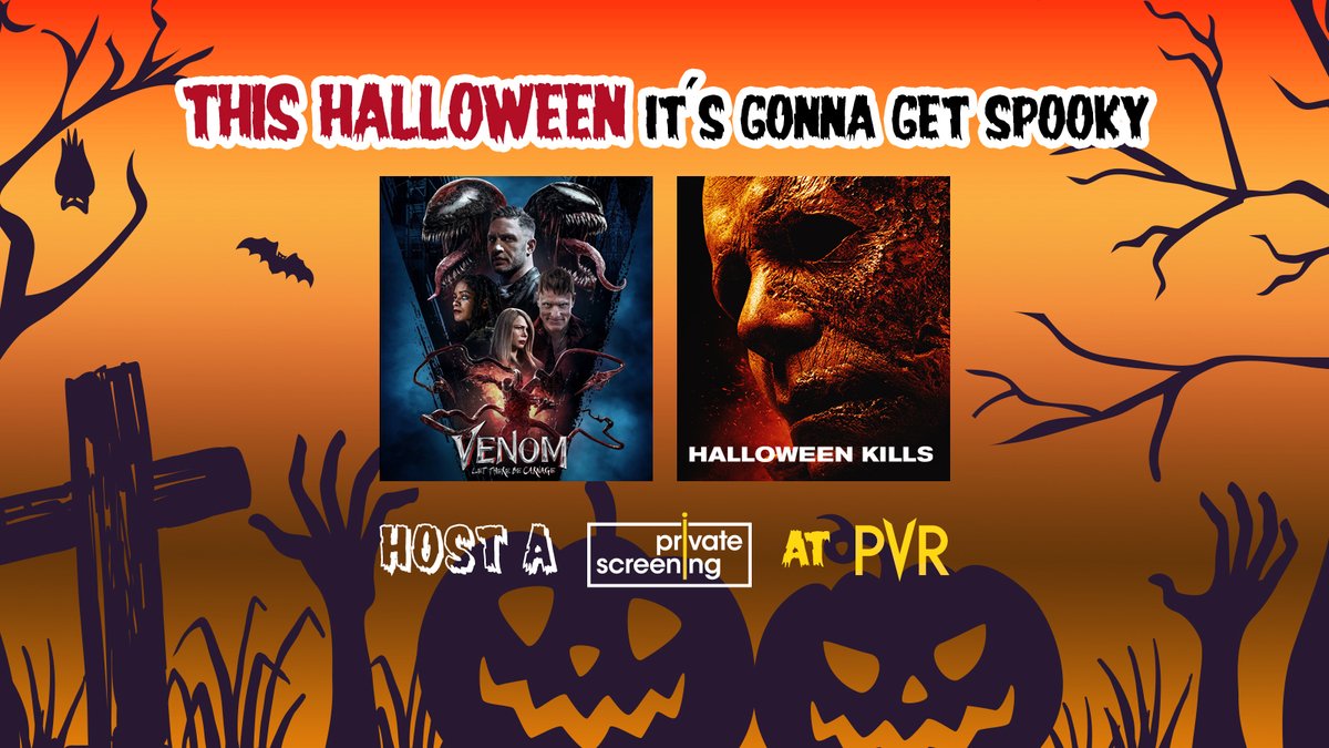 _PVRCinemas's tweet photo. Invite your family and friends to enjoy SCARY MOVIES in the darkest corners of our Cinemas. 

TITLES AVAILABLE -  
1. Venom: Let There Be Carnage
2. Halloween Kills

#pvr #pvrcinemas #Halloween  #privatescreening #pvrprivatescreening #venomlettherebecarnage #halloweenkills https://t.co/XcnXUHILId