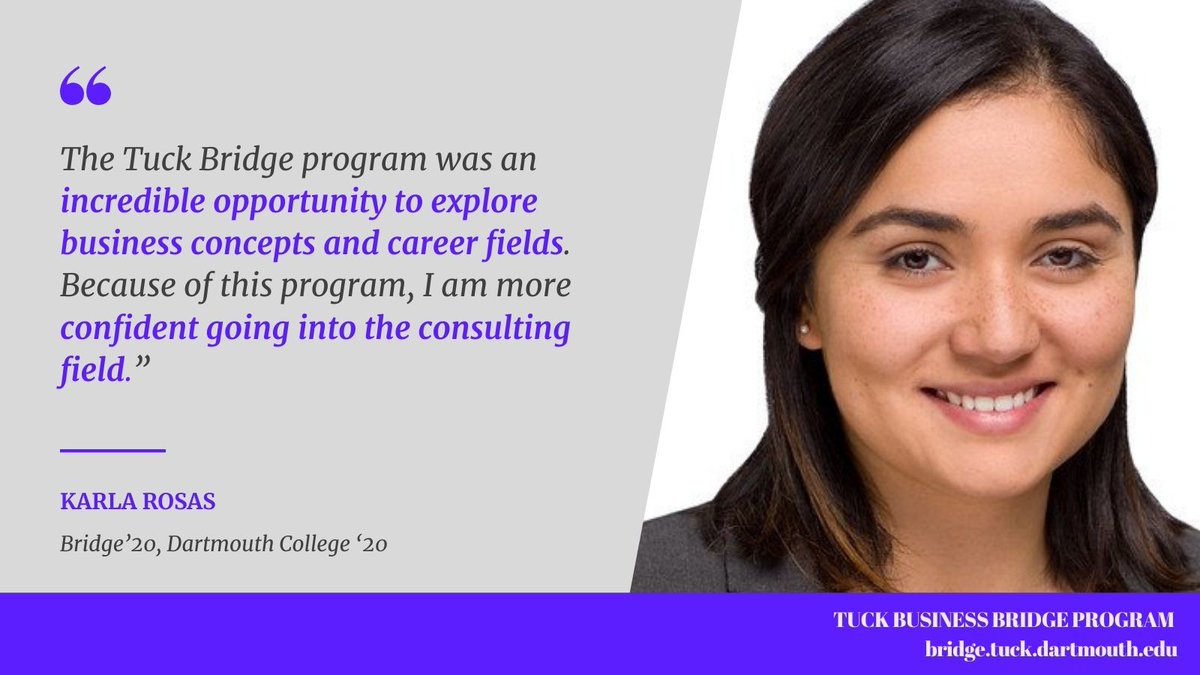 The Bridge program delivers a comprehensive curriculum taught by top-ranked MBA faculty from the Tuck School of Business at Dartmouth, a capstone team project, recruiting services, and one-on-one career guidance. 

View additional program information at bridge.tuck.dartmouth.edu
