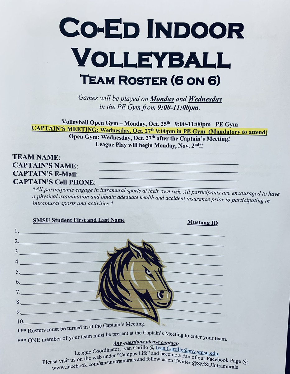 Indoor Volleyball starting up!! 

Check out the roster forms below. Pick one up in the Student Center by the cafeteria!