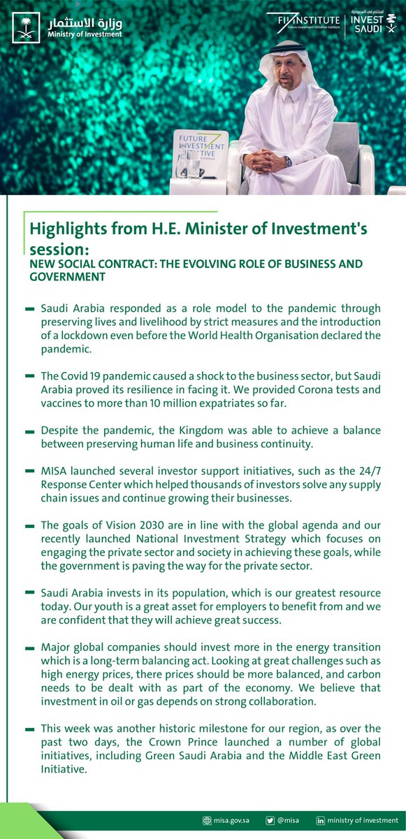 MISA's tweet photo. Highlights from H.E. the Minister of Investment, @Khalid_AlFalih's session on 'Rewriting the social contract: The evolving role of business and government' @FIIKSA #FII5 https://t.co/cBZQbr4VBq