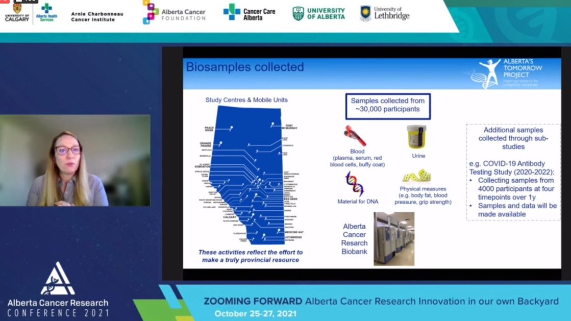 Linda_E_Carlson's tweet photo. Day 2 of #ACRC2021 begins with an overview of the amazing Alberta #TomorrowProject from Jennifer Verna, a cohort of 55,000 Albertans, part of a Canada-wide consortium, with surveys on lifestyle, cancer risk factors and biosamples. Trainees, great opportunities for data linkages! https://t.co/IuFryNwNqZ