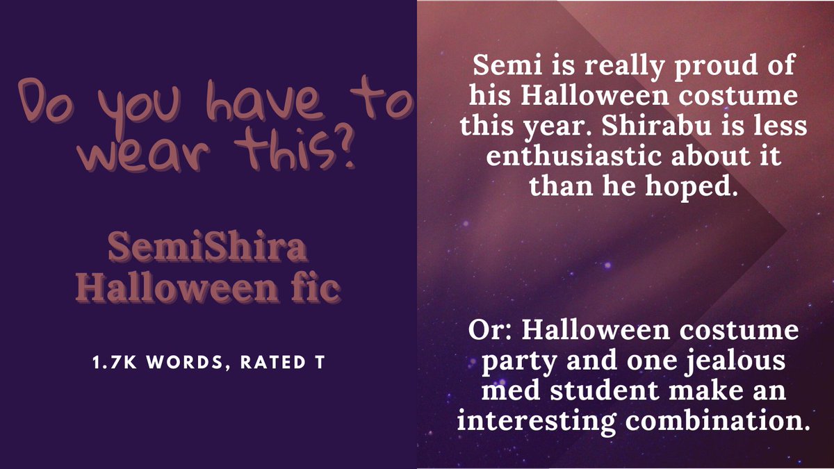 AnnProuz's tweet photo. 🎃 Starting the wait for Halloween 🎃

Do you have to wear this?
Short #haikyuufics with #semishira - 1.7k words, T

https://t.co/Q5exN1MWJN 

#HQweenWeek  @hqweenzine #shirabukenjiro #semieita #shiratorizawa https://t.co/Hd01pacS2j