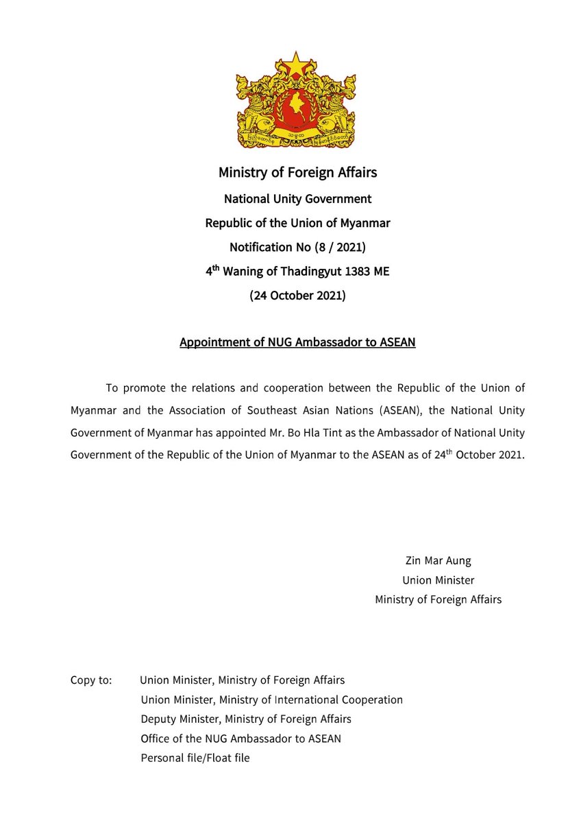 NUGMyanmar's tweet photo. #NUGMyanmar has appointed Mr. Bo Hla Tint as Ambassador of NUG to the @ASEAN.
#WhatsHappeningInMyanmar https://t.co/hCbZnHwU2I