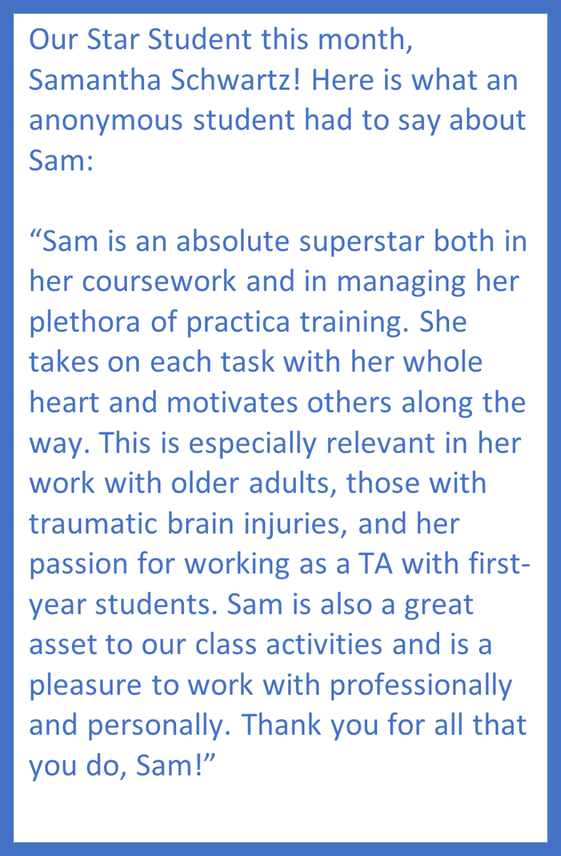 wspp_gradschool's tweet photo. Our Star Student this month is Samantha Schwartz! Sam was nominated by an anonymous student. They highlighted Sam’s ability to encourage others, for her dedicated work with older adults and those with traumatic brain injuries, and for serving as a TA at our school. Thanks, Sam! https://t.co/hbF1l5yVMC