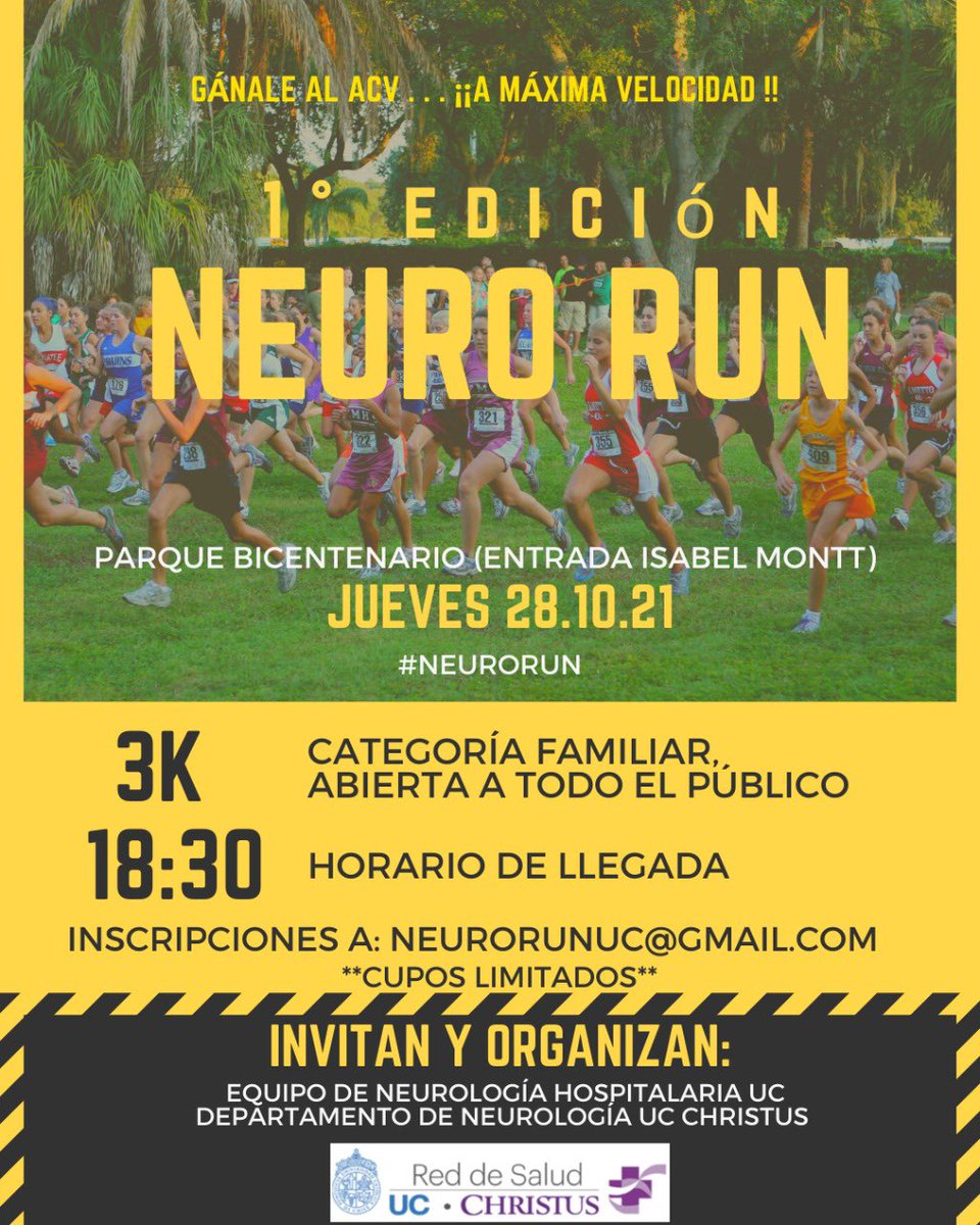 neuropuc's tweet photo. Atención!
En el #DiaMundialDelACV el Equipo de Neurología Hospitalaria UC te invita a ganarle al ACV con una corrida familiar #NeuroRun 3K en el Parque Bicentenario!
📆28/10
⏰18:30 h
Cupos limitados
Inscripciones 👉neurorunuc@gmail.com
@DGutierrez__V @agirlfromschool https://t.co/HP0BajXlqP