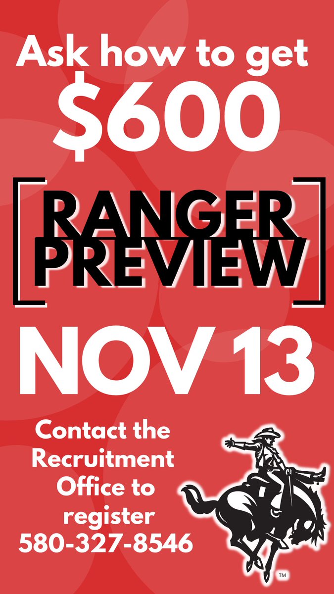 NWOSU's tweet photo. ‼️Calling all high school juniors and seniors‼️

#NWOSU is hosting #RangerPreview on November 13 in the Percefull Fieldhouse! Don’t miss out on this opportunity to receive a $600 scholarship just for attending!

To register, click here 👉 https://t.co/lZZHYCT5Va https://t.co/VAFlfe2ZrO