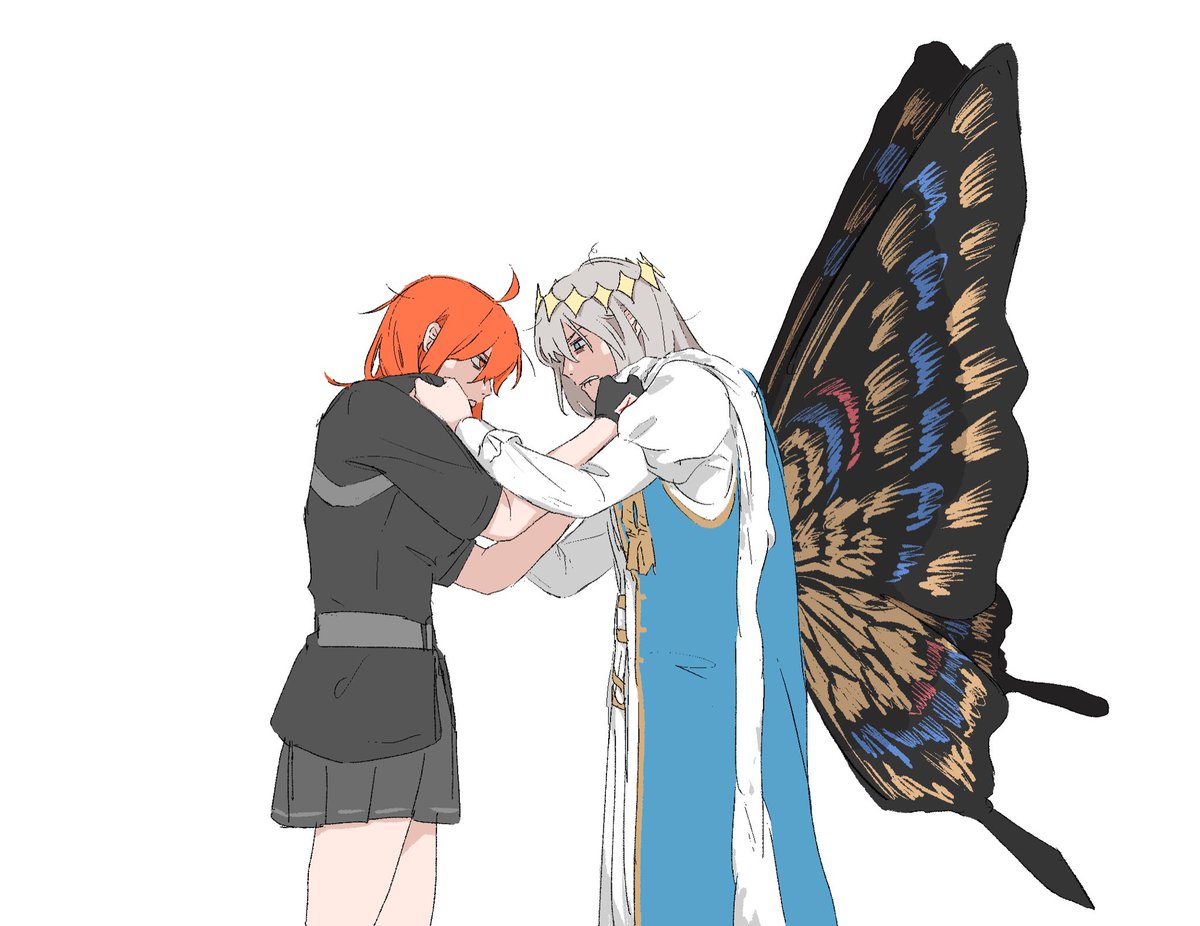 fujimaru ritsuka (female) ,fujimaru ritsuka (female) (polar chaldea uniform) ,oberon (fate) 1girl 1boy orange hair wings butterfly wings white background grey hair  illustration images