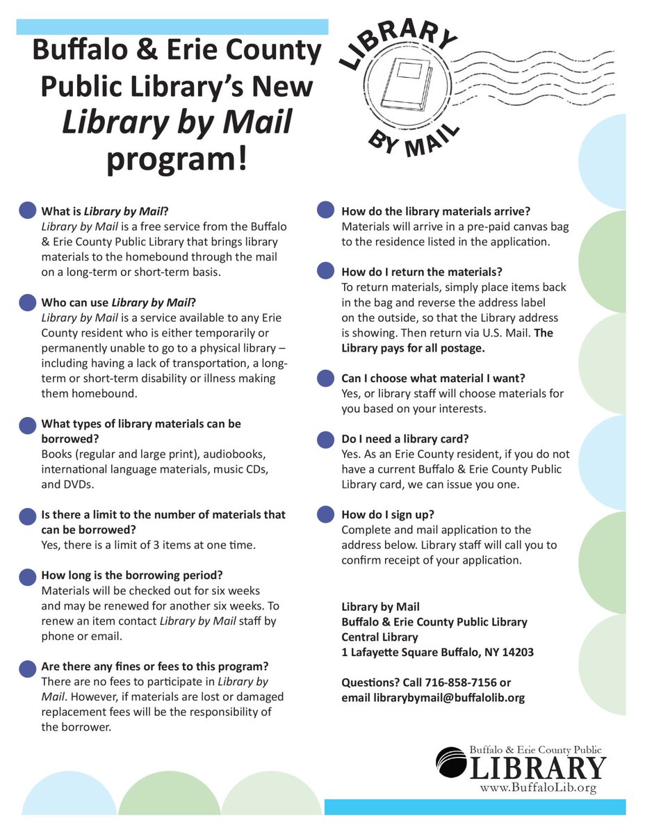 Check-out 'Library by Mail' a FREE service bringing library materials to the homebound via mail—offered by the Buffalo & Erie County Public Library ( @buffalolibrary ). Learn more: buffalolib.org/locations-hour… Questions? Call 716-858-7156 …or email: librarybymail@buffalolib.org