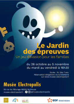EDF_GrandEst's tweet photo. Animation au musée #Electropolis à @mulhouse pour #Halloween :

👻"Le Jardin des épreuves" : un jeu d'évasion grandeur nature inédit au Jardin des #énergies

📅Du 26/10 au 5/11 
🕐Mardi au vendredi, 16h30-17h30
👩‍👦Public familial, dès 7 ans
Réservation : https://t.co/9JR3x4vXfF https://t.co/LgdbDVhK0H