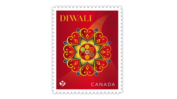 IndiainToronto's tweet photo. Thanks @canadapostcorp @postescanada for the heartwarming gesture of  issuing a commemorative stamp to mark the Festival of Lights #Diwali. Kudos to designer Seung Jai Paek for bringing out the colors of #India through the bright red rangoli pattern.
@HCI_Ottawa @IndianDiplomacy. https://t.co/rRf3QlMMbp