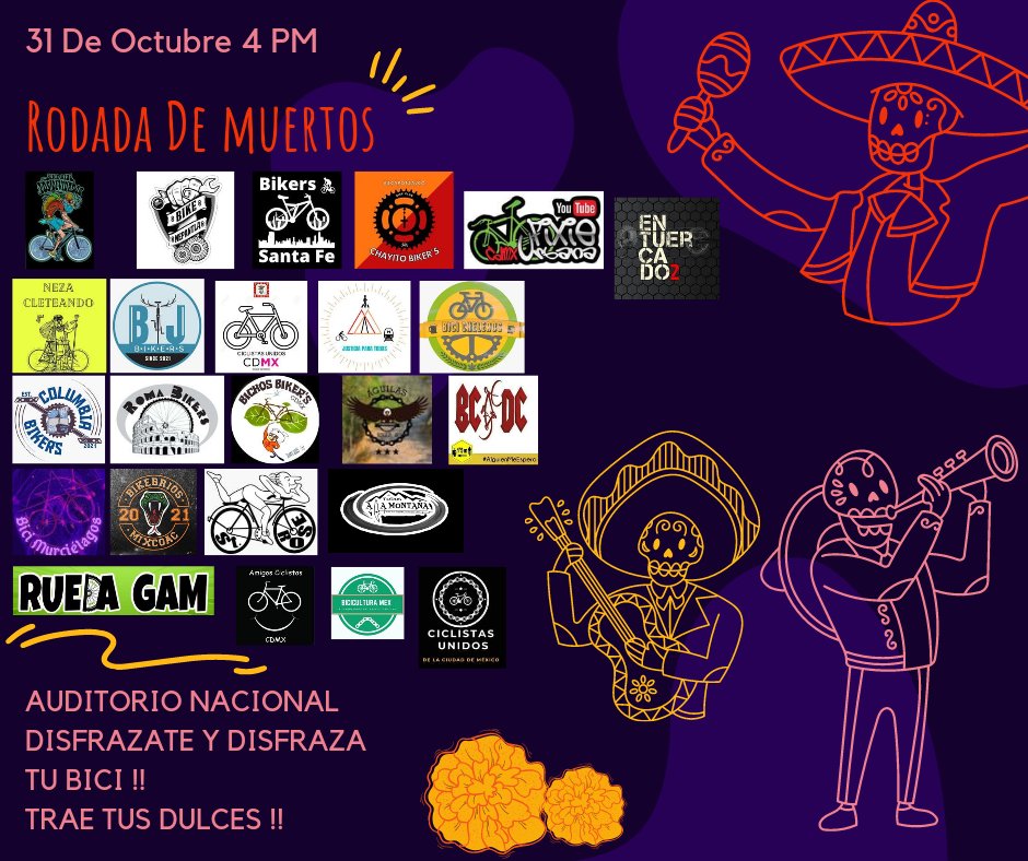 JTodxs's tweet photo. #RodadaDeMuertos🎃
👻Ven a rodar !! Domingo 4 PM !!
Salimos del #AuditorioNacional
Llegaremos a el #ParquedelaChina
Disfrazate 👻👽👺🎃☠️ trae a tus pequeños a disfrutar de una rodada divertida y en familia !!
Habrá dulces y música !
No olvides traer Tu bici disfrazada 🎃 https://t.co/2XMCGuNWr2