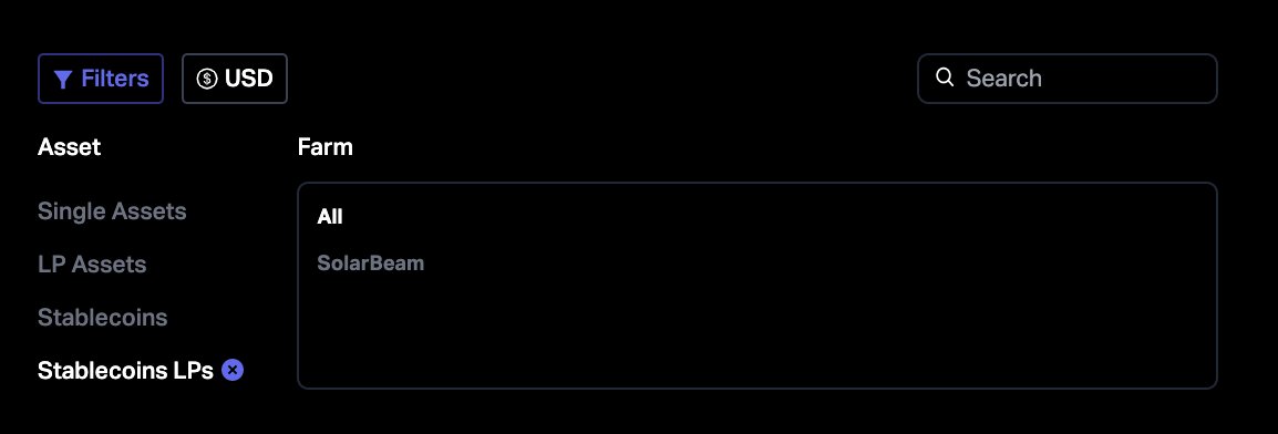 autofarmnetwork's tweet photo. 💡 Quick tip

Toggle to the "Stablecoin LP" function on Autofarm for the quickest access to #stablecoin vaults on @Solarbeamio and @MoonriverNW 😉 https://t.co/bLJRlOeIFw