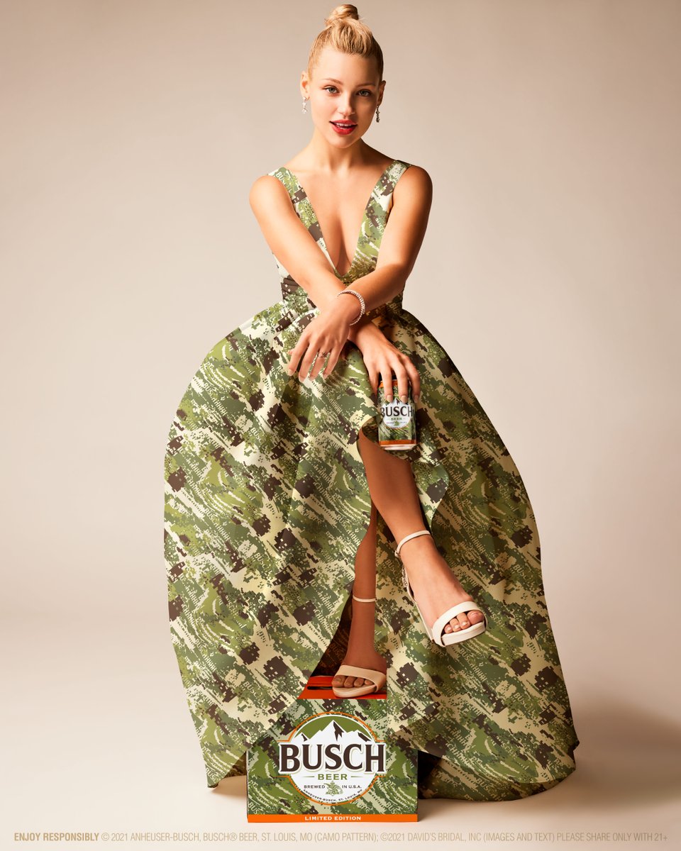 davidsbridal's tweet photo. The camo wedding dress and bow tie are here! (Bet you didn’t see that coming) Designed by David's Bridal and featuring @BuschBeer 's limited-edition camo can pattern (21+). Pre-order yours via the link! https://t.co/oJmCxm2Ar7
#BuschDavidsBridal #BeerlyBeloved https://t.co/3AsVoHiPlA