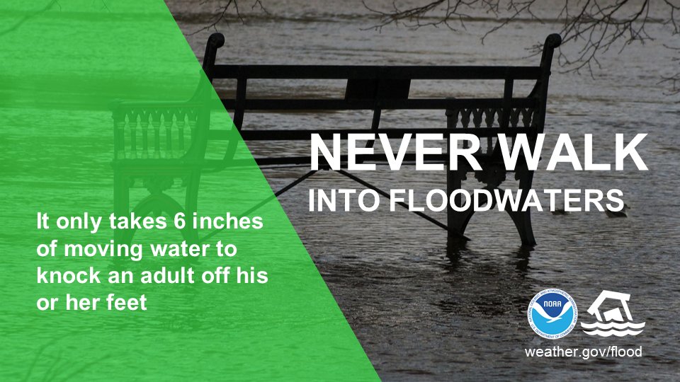 Never walk into floodwaters

It only takes 6 inches of moving water to knock an adult of his or her feet