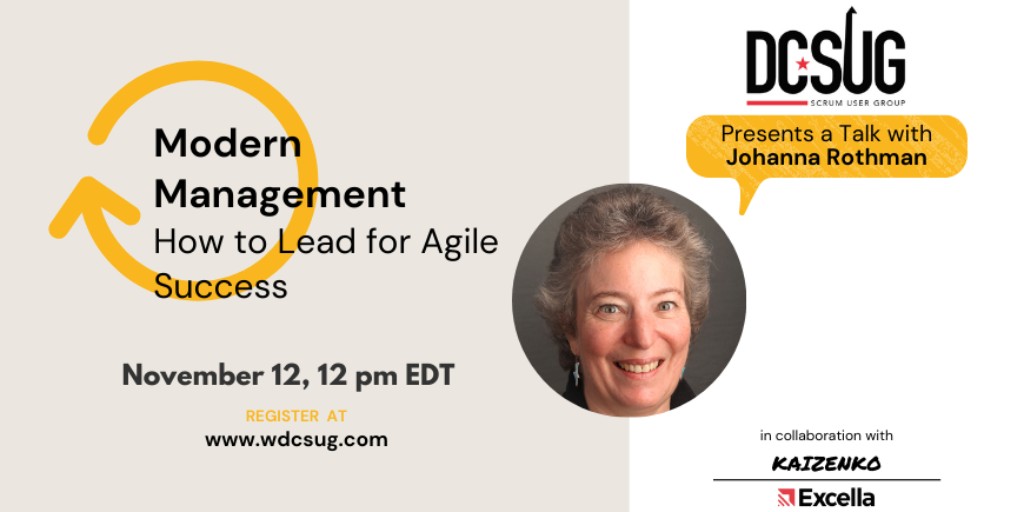 FadiStephan's tweet photo. Excited to have @johannarothman join DC Scrum User Group  on Nov. 12 for a virtual lunch time talk on Modern Management and the role of managers in creating and refining the agile culture.
#scrumalliance #usergroup #dcsug #modernmanagement #agileleadership
https://t.co/gRthdaUbJ0 https://t.co/BzNhC7UMld