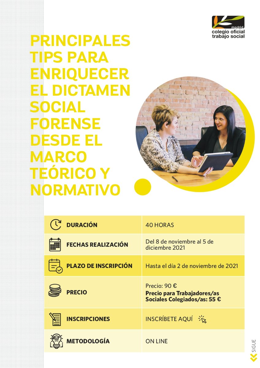 ColegioTSMadrid's tweet photo. Formación continua: Principales tips para enriquecer el dictamen forense desde el marco teórico y normativo
✔️40 horas
✔️Online
✔️Del 8/11 al 5/12
✔️Más info: https://t.co/8ayC06jn1H
✔️Inscripción hasta el 2/11: https://t.co/23hxbAlvdL
#FormaTSMadrid https://t.co/v1OXoK9CWB
