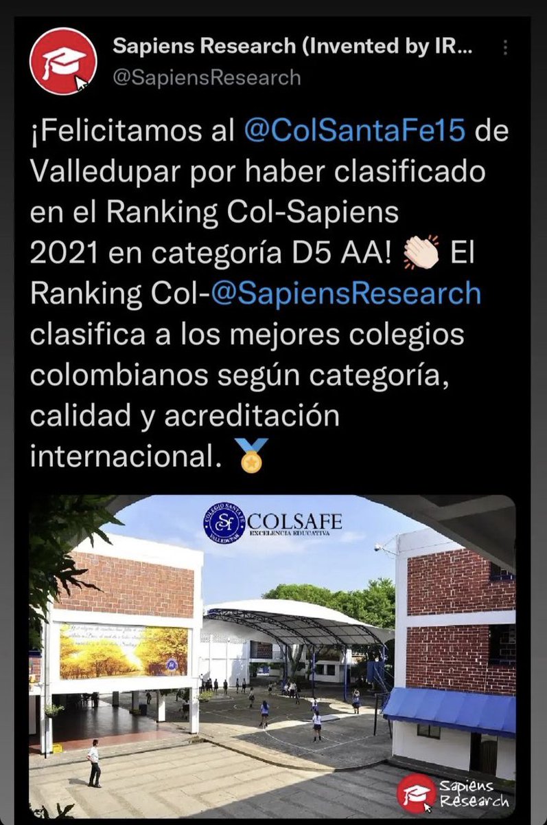 ledisramos's tweet photo. @ColSantaFe15 mejor colegio según Ranking Sapiens 2021 en calendario A y B @Valledupar_Col @SecEducVpar Felicitaciones a toda la comunidad educativa y a #AmparoParodiToncel @Jlarrazabalp @DraCarmenL por su liderazgo y compromiso con la educación. https://t.co/TcG54jEXrI