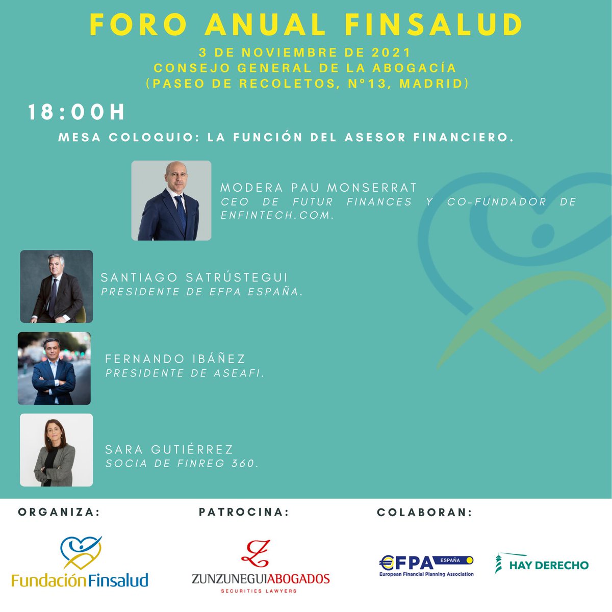 También contaremos en nuestro #ForoAnualFinsalud con una mesa coloquio sobre la función del Asesor Financiero que contará con <a href="/pmonserrat/">Pau A. Monserrat</a>, <a href="/ssatrustegui/">Santiago Satrustegui</a>, <a href="/fernandoibanezf/">Fernando Ibáñez</a> y Sara Gutiérrez.