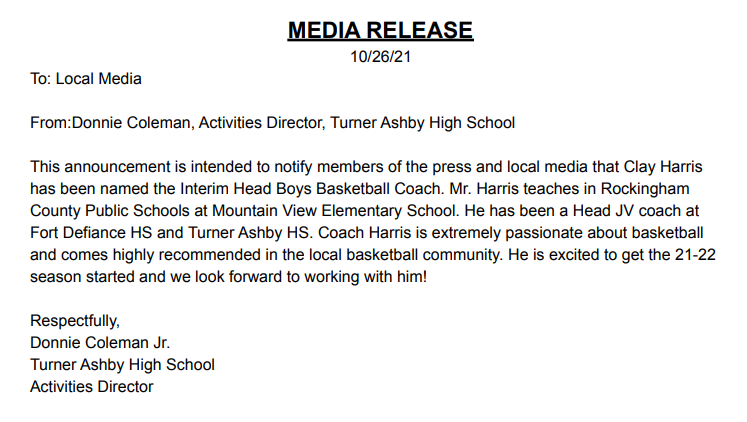 VTCody's tweet photo. INBOX: Clay Harris has been named the interim coach for the Turner Ashby boys basketball team. Harris is a 2014 graduate of Fort Defiance, where he was a standout point guard under veteran coach Larry Leonard. Harris was supposed to be the TA JV coach this year. #VHSL https://t.co/VQkxudtwyv