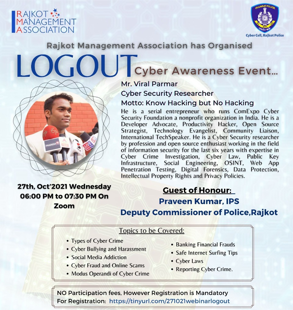 viralparmarhack's tweet photo. Going to deliver session on Cyber Crime & It's Prevention tomorrow under @logoutidf organized by @CP_RajkotCity @CCrajkotrange @Rma_Rajkot cc @GujaratPolice @CyberGujarat @AhmedabadPolice
#CybersecurityAwarenessMonth
#LogOutNow #ViralParmarHacker https://t.co/9O53bSOHR5