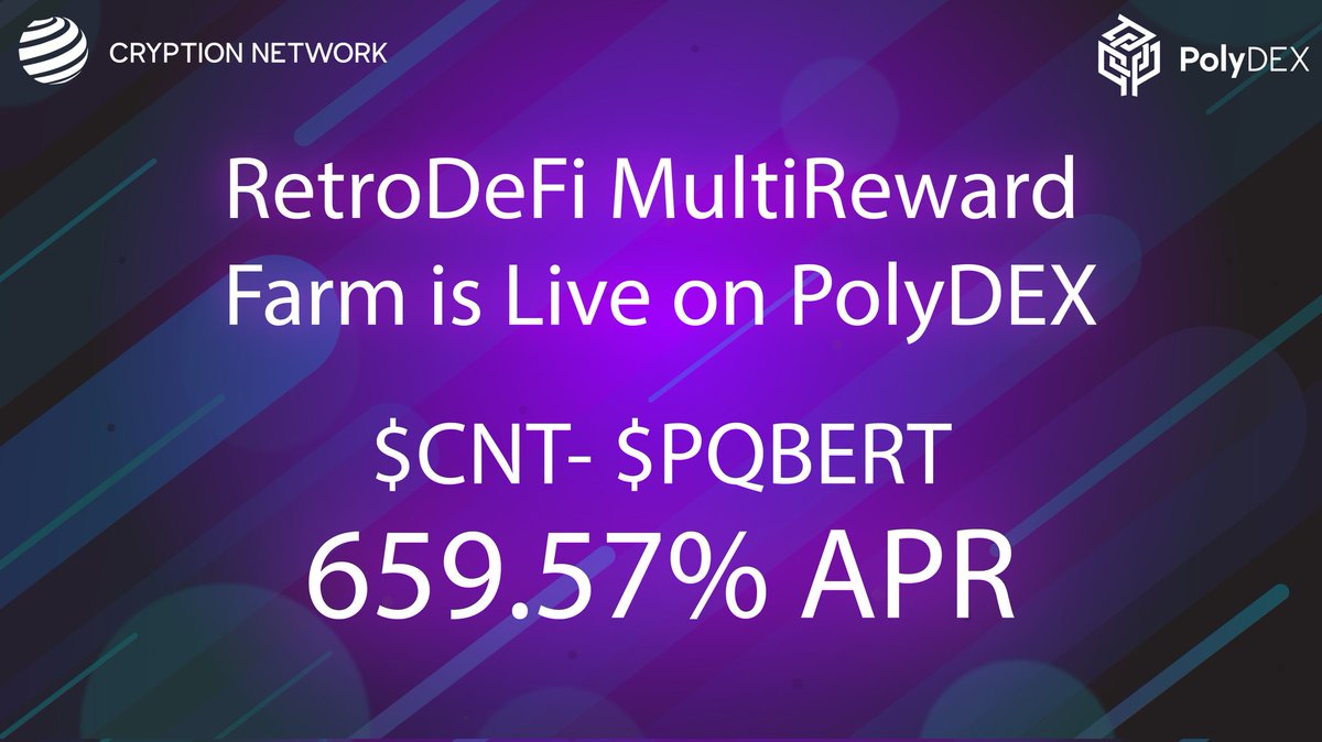 CryptionNetwork's tweet image. Great news, RetroDefi Multi-Reward farm is live on #PolyDEX with the highest APRs. 💥

🟡 $CNT / $pBERT ~ 659.57% APR 

Start the Staking process now and secure the highest APRs! ✨

$CNT #CryptoNews #Crypto