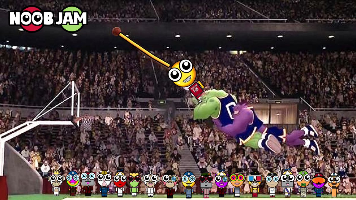 Duckyfuzz4's tweet photo. This #NOOBART piece features some of my favorite Noobs cheering on the legendary GOLDEN GOAT and the Nooby Tunes in the final seconds of their high-stakes game against the Monstars.  We all know what happens next 🏀😆🏆 @noobsnft https://t.co/dTj4lvhfCg