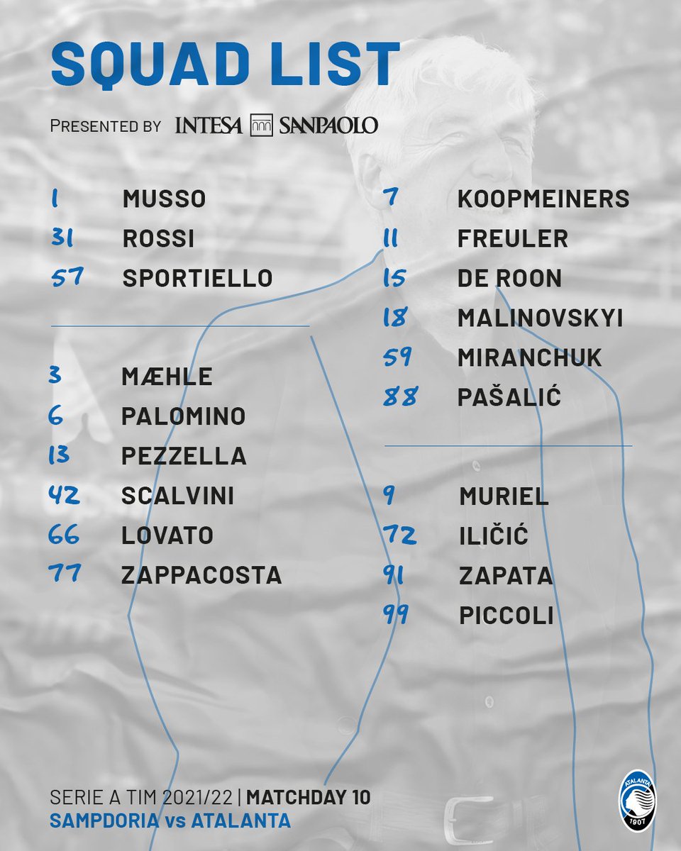 Atalanta_BC's tweet photo. 📋 19 i nerazzurri in viaggio verso Genova!
🚄 Here's our travelling squad for #SampAtalanta!

Presented by @intesasanpaolo 

#SerieATIM #GoAtalantaGo ⚫️🔵 https://t.co/vUUOHB5m79