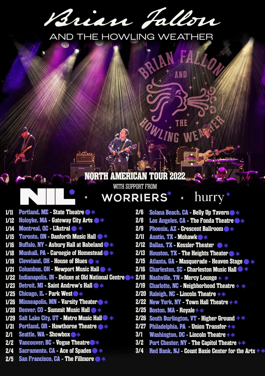 thebrianfallon's tweet image. I'm excited to announce the North American leg of the Brian Fallon &amp;amp; The Howling Weather 2022 tour. We'll be on the road this Jan, Feb &amp;amp; March, hitting all the spots we didn't get a chance to play in 2020. Plus, we've got The Dirty Nil, Worriers and Hurry joining us along the way