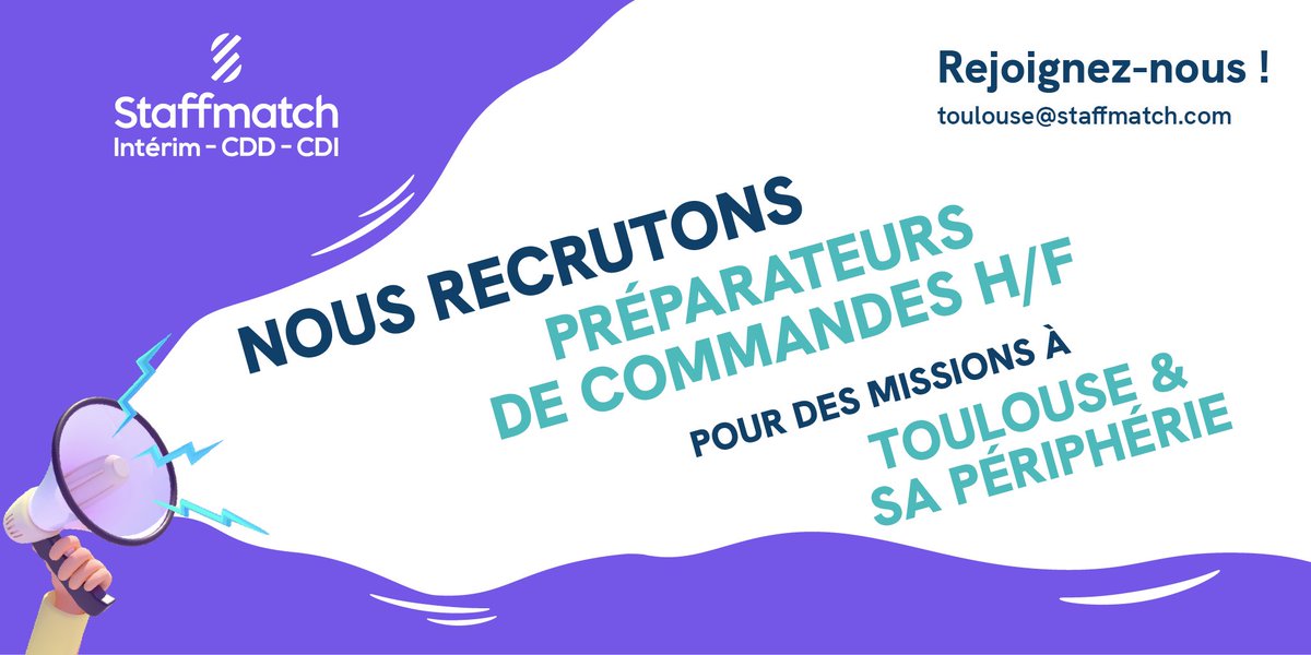 Staffmatch (@staffmatch) on Twitter photo On organise un Job Dating pour recruter des futurs préparateurs de commandes H/F dans la région toulousaine
Viens rencontrer nos recruteurs à l’agence de Toulouse 🚀
Contacte notre équipe sur toulouse@staffmatch.com avec comme objet d'email "Job Dating" pour fixer ton rdv ! 😉 On organise un Job Dating pour recruter des futurs préparateurs de commandes H/F dans la région toulousaine
Viens rencontrer nos recruteurs à l’agence de Toulouse 🚀
Contacte notre équipe sur toulouse@staffmatch.com avec comme objet d'email "Job Dating" pour fixer ton rdv ! 😉