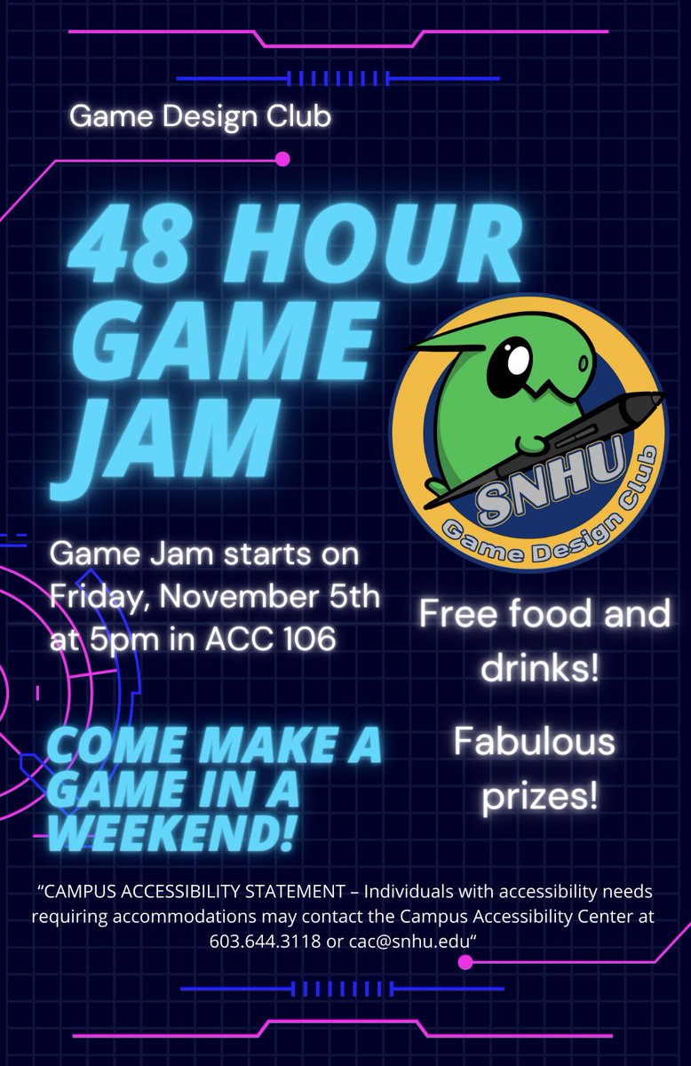SNHUGameDesign's tweet photo. We will be having our first game jam of the semester on Friday, November 5th! Hope to see you there! https://t.co/aJ1C2A9zAa