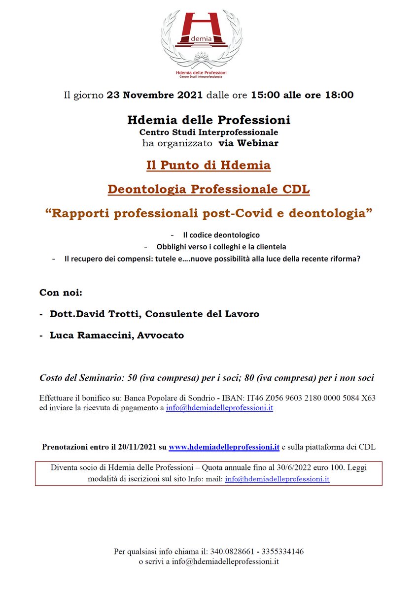 il 23/11/2021 con noi: Deontologia CDL. Prenotazioni in piattaforma CDl