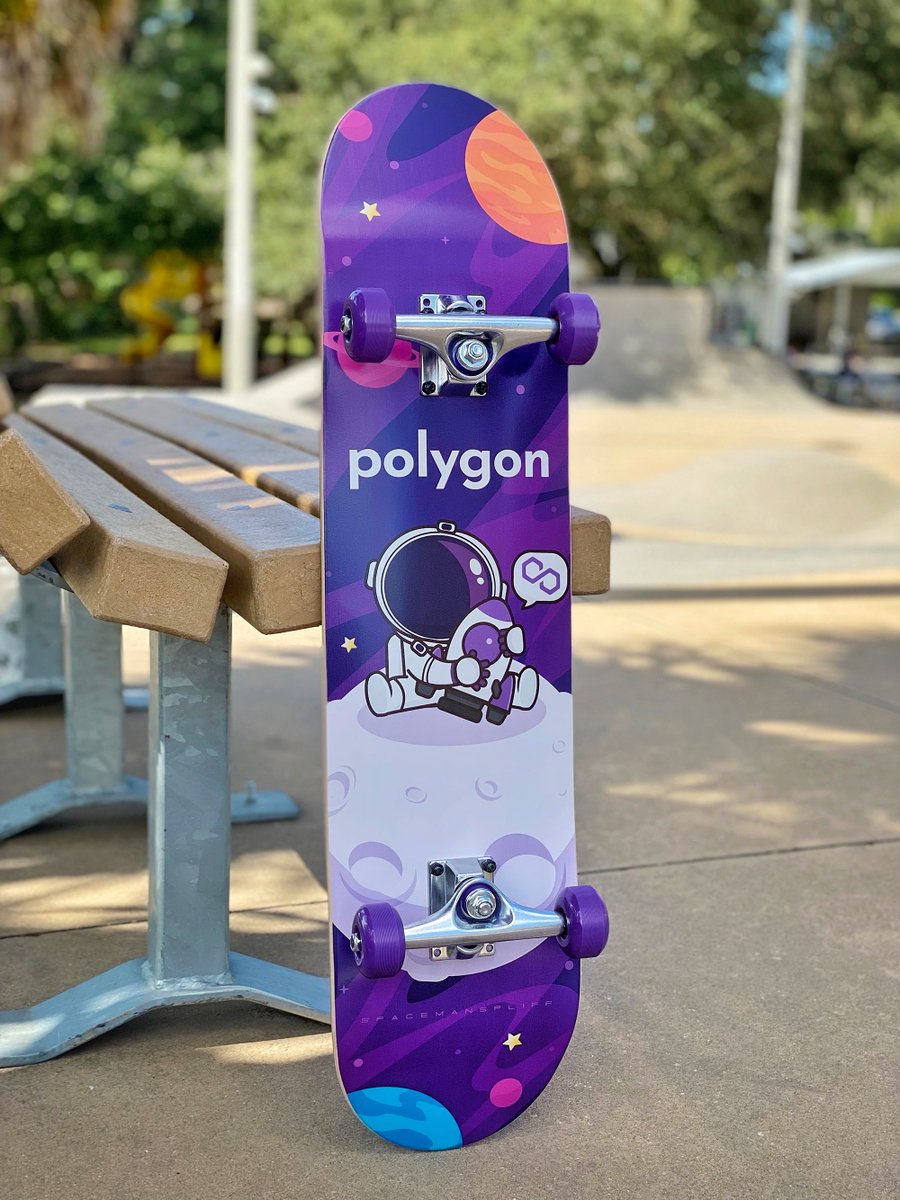 DresDes1gn's tweet photo. “Holding on for dear life to her favorite rocket named $MATIC, this little astronaut reached the moon!”
You can win the “HODL” #PolyDeck - a real @0xPolygon skateboard! Auction is live! 5 PolyDecks available!
https://t.co/Lv4BWETNyv
#NFTcollection #NFT #nftcollector #ETH #NFTS https://t.co/Fj52yspnUu