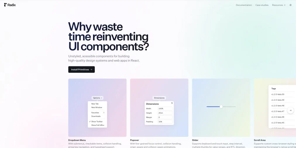 New Radix website with multiple coloured cards containing Radix components.