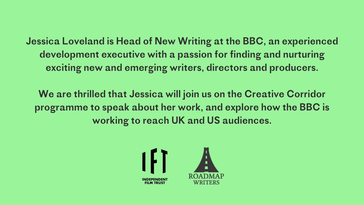 I_F_T's tweet photo. π’SPEAKER ALERT!π’ We are so excited that Head of New Writing at BBC, Jessica Loveland, will be joining us on #CreativeCorridor to explore how writers can advance their projects and careers. Apply before Nov 4th! https://t.co/4iXaluxaaH #WritingCommunity #Screenwriter #TVwriter https://t.co/76acTFghxp