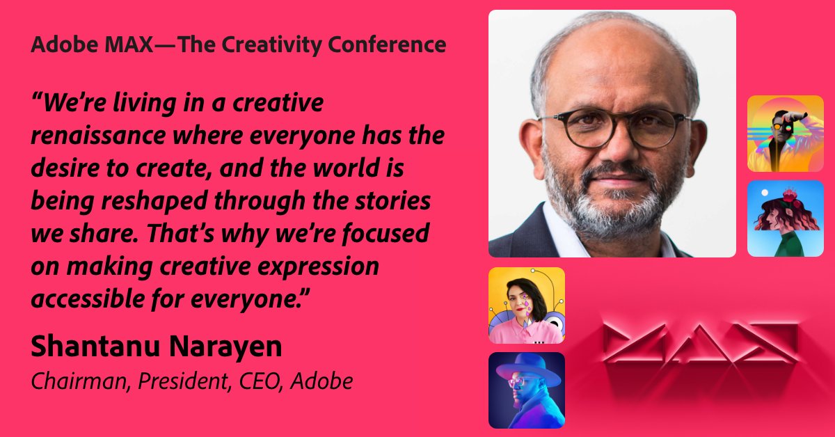 #AdobeMAX is officially underway! Join Adobe CEO Shantanu Narayen and Chief Product Officer Scott Belsky for the inside scoop on our latest exciting product updates! adobe.ly/3nJzCLV