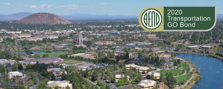Aerial view of the City of Bend with a Bend logo in the right hand corner.