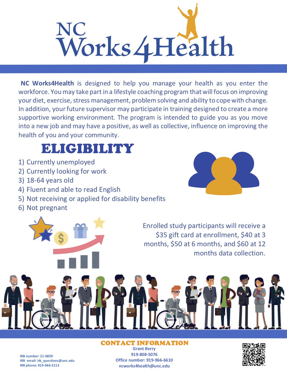 NC Works4Health is a study designed to help you manage your health as you enter the workforce. Click the link to get started: tarheels.live/ncworks4health/
<a href="/skneipp1/">Shawn Kneipp, PhD, RN, PHNA-BC</a> <a href="/hborochamber/">Hillsborough/Orange County Chamber of Commerce</a> <a href="/OrangeHealthNC/">Orange County Health</a>