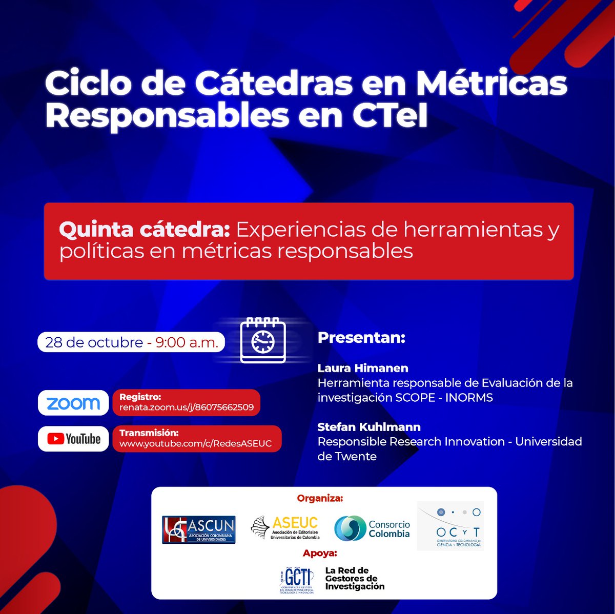 ConsorcioColom1's tweet photo. Este jueves 28 a partir de las 9 am, tendremos la quinta cátedra: Experiencias de Herramientas en #MétricasResponsables con muy buenos invitados:

@laurakoohoo de @INORMSCommunity y @s_coolman de @UTwente 

Estaremos vía #youtube por el canal de @ASCUN1 https://t.co/rvvdxbMM3X