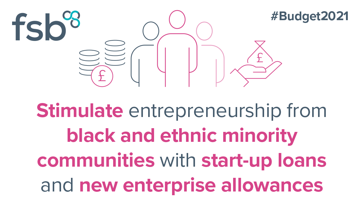fsb_policy's tweet photo. In tomorrow's #Budget2021, we're urging the Chancellor to stimulate entrepreneurship from black and ethnic minority communities with start-up loans and new enterprise allowances. https://t.co/1iCGeInDwJ