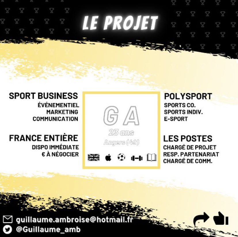 3 slides, 2 objectifs, 1 projet. 
Voici une présentation visuelle de mes ambitions professionnelles dans le sport business.
📧 guillaume.ambroise@hotmail.fr 

#Sport #football #sportbusiness #marketing #communication #digital #evenementiel #managementdusport #recrutement #Emploi