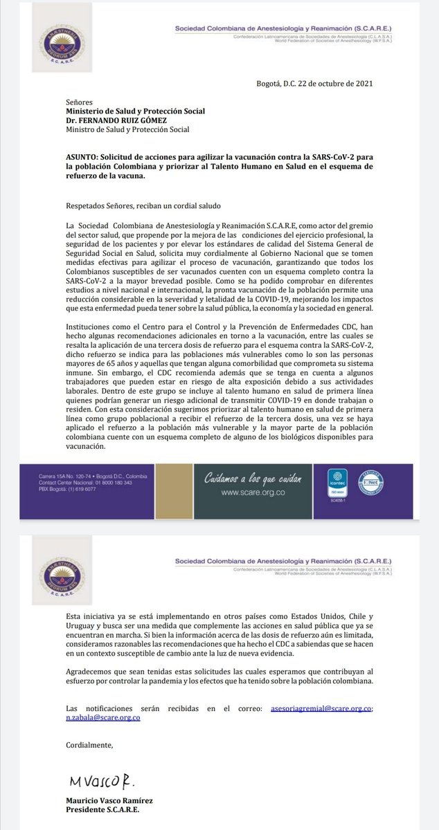 SADEACOL's tweet photo. Desde @scarecolombia se solicita a @minsaludcol considerar evidencia suficiente para tercera dosis de vacunas contra Covid-19 en personal de salud expuesto. Apoyamos está iniciativa https://t.co/FYlI9b3FCZ