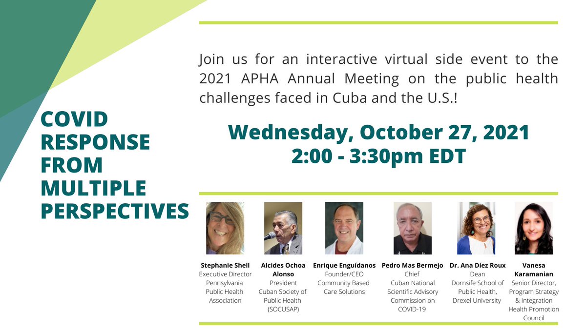 Join us tomorrow at 2pm EDT for a discussion of COVID-19 best practices in the US and Cuba. You do not need to be registered for the APHA Annual Meeting to attend! Register here: forms.gle/rDBfjnid7CQDHJ…